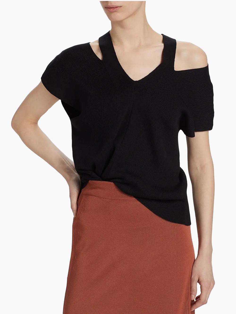 NWT Saks Fifth Avenue Cotton Blend Cut Out Sweater Top Short Sleeve Black Sz L